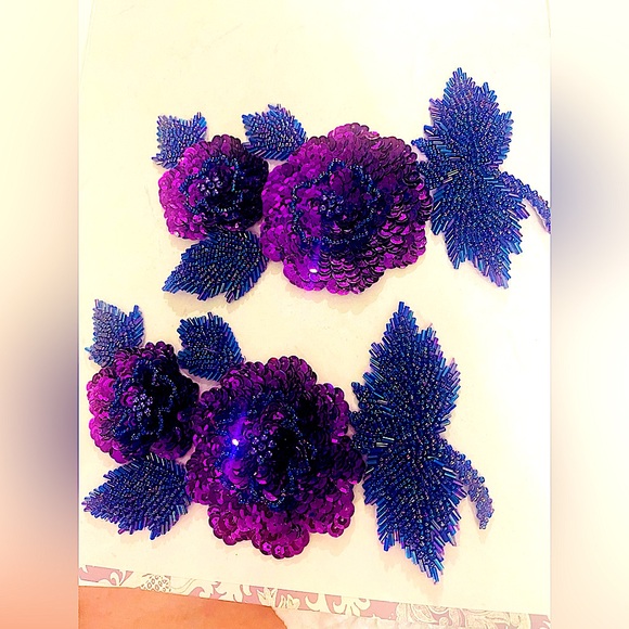 set of floral beaded sequin appliqués vtg Artisan no flaw aurora borealis purple - Picture 2 of 3